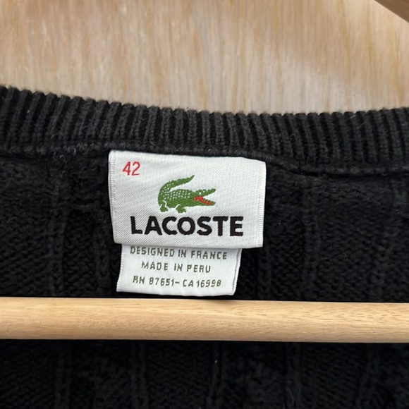 Lacoste: Black V neck cable knit sweater. Size 42 - Picture 3 of 6